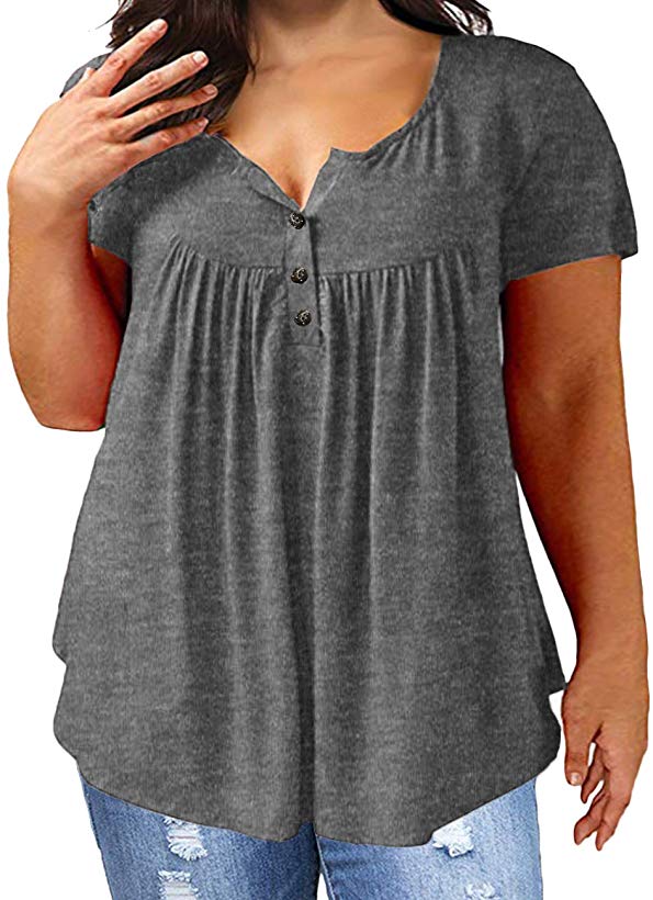 VISLILY Women's Plus Size Henley Shirt Short Sleeve Buttons Up Pleated Tunic Tops