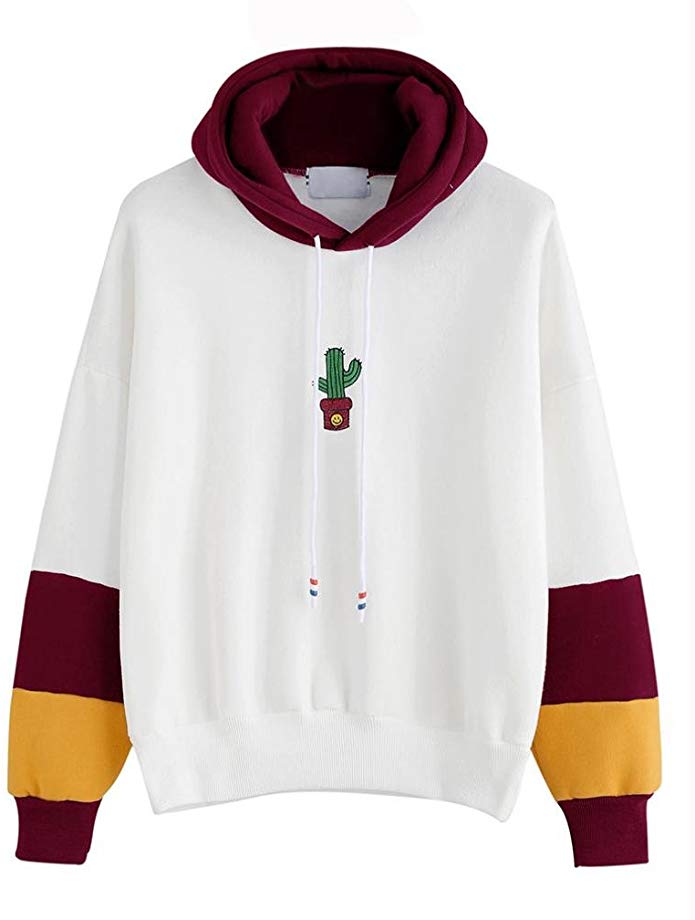 Ruhiku GW Hoodie, Womens Long Sleeve Cactus Print Hoodie Sweatshirt Hooded Pullover Tops Blouse (Wine, M)