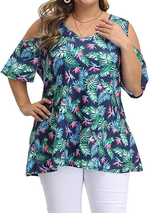 Allegrace Women's Plus Size Floral Printing Cold Shoulder Tunic Top Short Sleeve V Neck T Shirts
