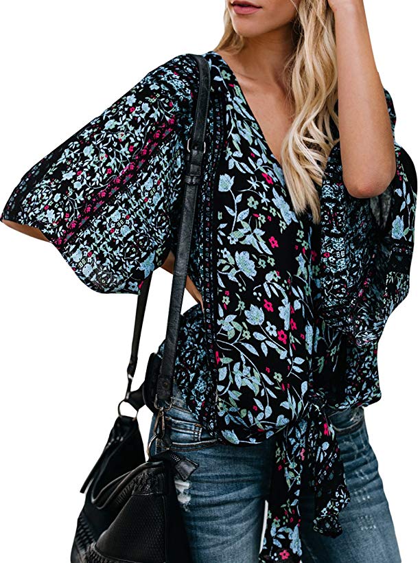 CICIDES Womens Floral Printed Short Sleeve Deep V Neck Tie Front Flare Tops Chiffon Blouses(S-XXL)