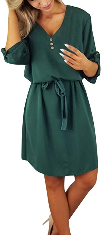 Colouredays Dress for Women Casual Summer Clothing Tunic Long-Sleeved Solid Design Buttons Half Sleeve Belt Skirt