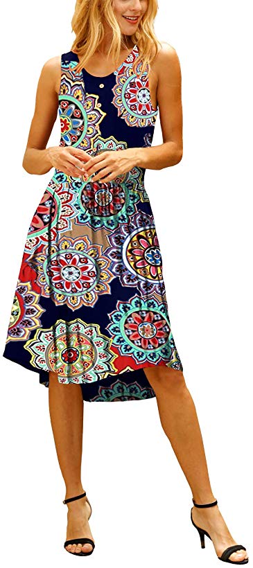 ELF QUEEN Women's Summer Dresses Sleeveless Casual Floral Print U-Neck Flared Midi Dress with Pockets