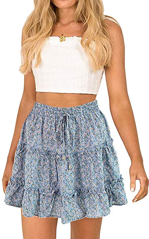 katiewens Women's Boho Floral Printed High Waist Ruffle Elastic Cute Casual Mini Skirt
