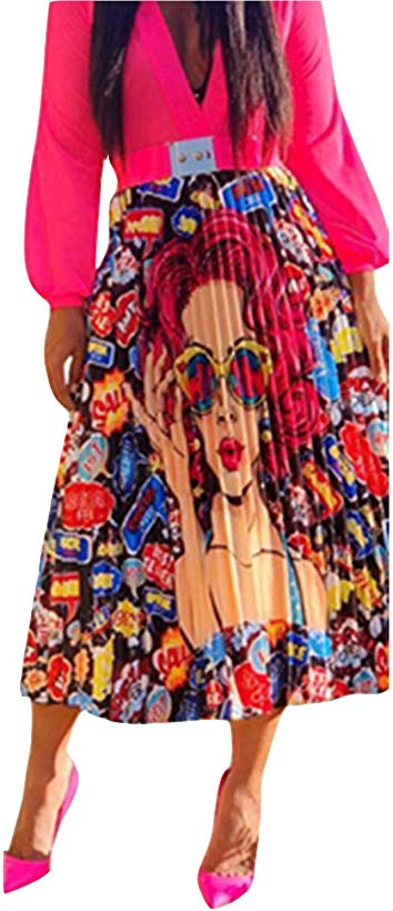 MarcoJudy Women's Vintage Graffiti Cartoon Printed A-line Pleated Swing Midi Skirts