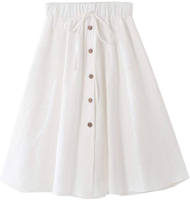 Allonly Women's A-Line High Waisted Button Front Drawstring Pleated Midi Skirt with Elastic Waist Knee Length