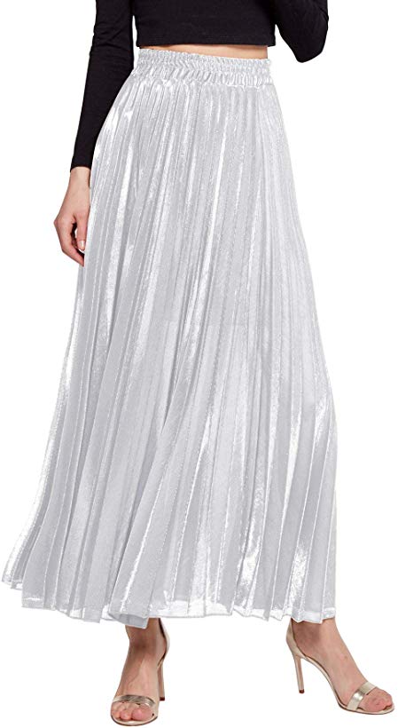 Chartou Women's Premium Metallic Shiny Shimmer Accordion Pleated Long Maxi Skirt