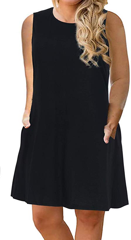 Nemidor Women's Casual Print Summer T Shirt Dress Plus Size Loose Sleeveless Swing Dress with Pocket