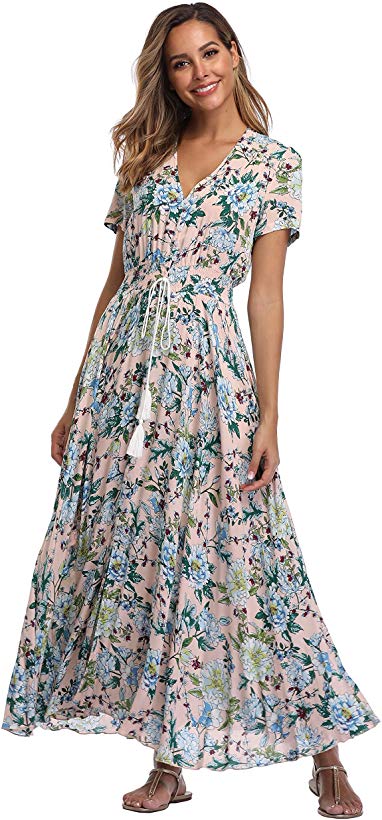Ferrendo Summer Women's Floral Maxi Dress Button Up Split Flowy Bohemian Party Beach Dresses