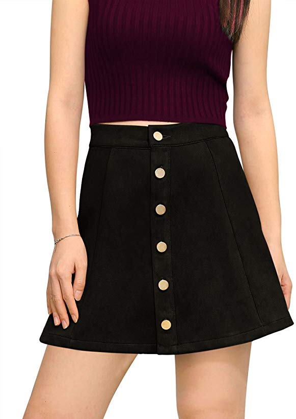 Allegra K Women's Faux Suede Single Breasted Front Button Down Short Mini A-Line Skirt