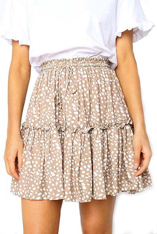 Relipop Women's Flared Short Skirt Polka Dot Pleated Mini Skater Skirt with Drawstring