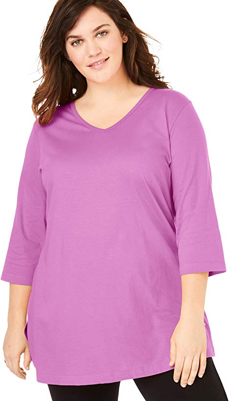 Woman Within Women's Plus Size Perfect V-Neck Three-Quarter Sleeve Tunic