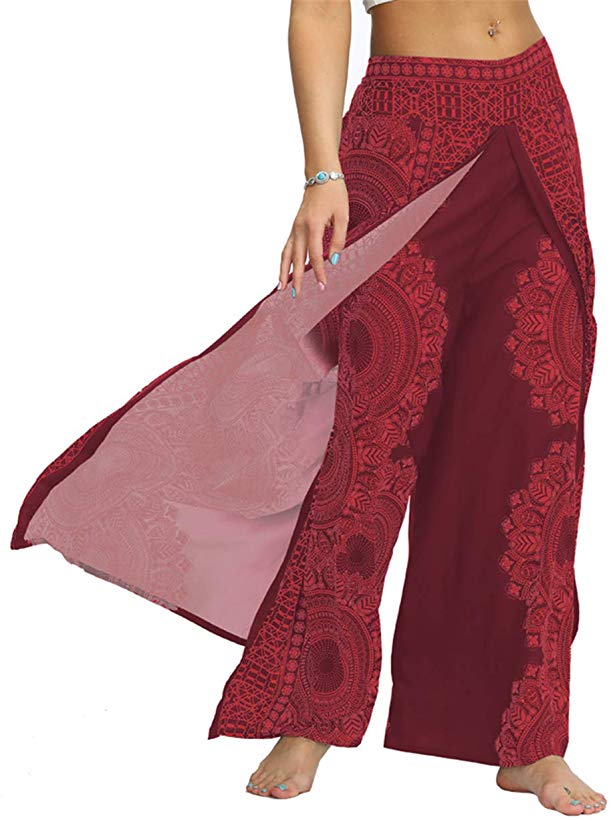 AMOMA Women Wide Leg Side Split Trousers Summer Casual Elastic Wasit Loose Pants Indian Folk Hippy Aladdin Boho Style Pants