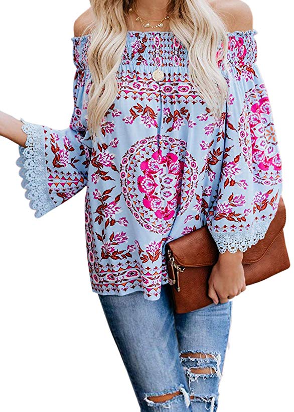 Asvivid Womens Off The Shoulder Short Sleeve Tops Pop Pop Trim Tassel Loose Summer Shirt Blouses