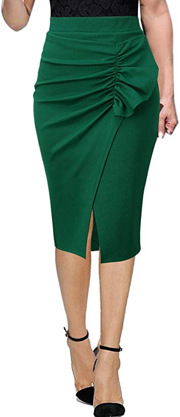 VFSHOW Women Elegant Ruched Ruffle Slit Work Business Party Pencil Skirt