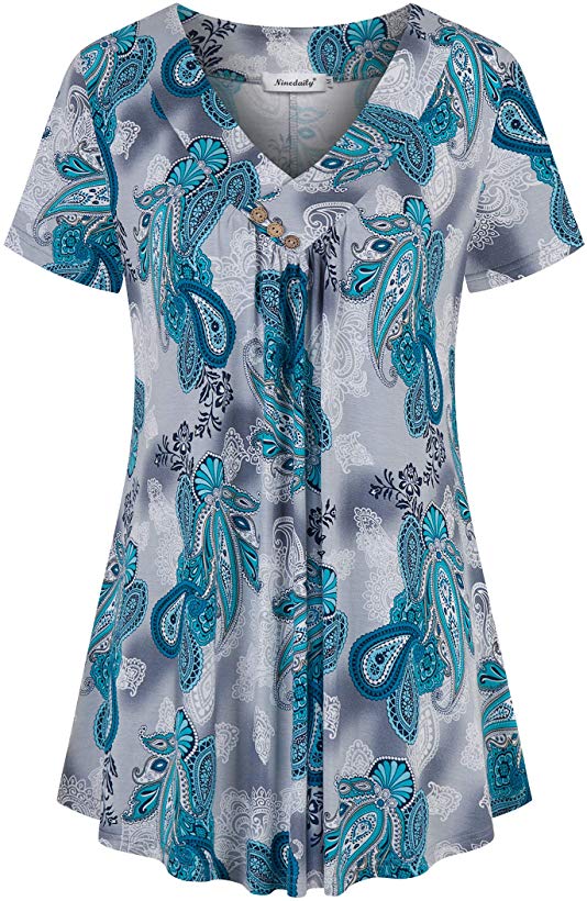 Ninedaily Women's Tunic Summer Short Sleeve Top Loose V Neck Dressy Shirt Blouse