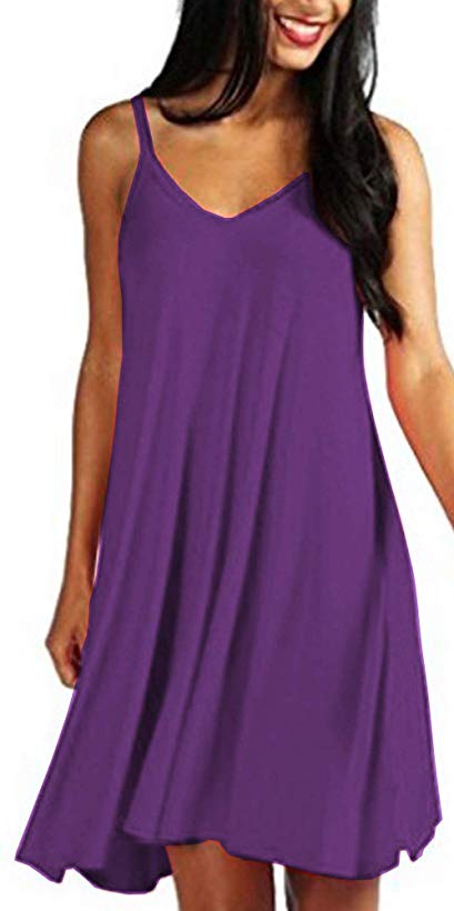 Mutoto Womens Adjustable Spaghetti Straps V Neck Plain Casual Summer Beach Sundress Swing Mini Dress