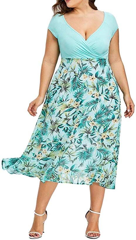 Women Dress, GoodLock Midi Dresses V-Neck Wrap Chiffon Short Sleeve Plus Size Prom Dress
