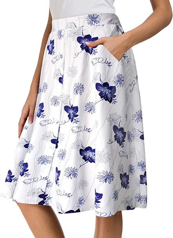 Afibi Womens High Waisted A Line Pleated Midi Skirt Button Front Skirts with Pocket