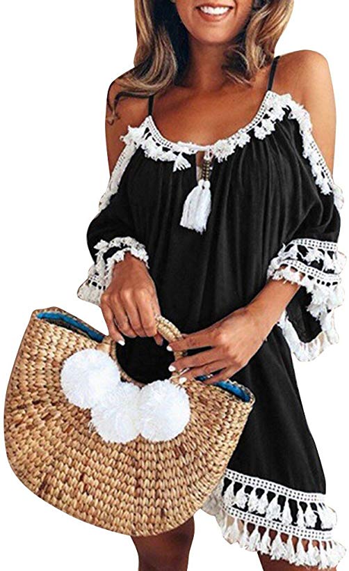 Women Casual Beach Dress Cold Shoulder Short Sleeve Tassel Sundress Baggy Tunic Boho Dresses