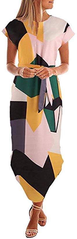 UOFOCO Summer Dress for Women Maxi Dress Casual Short Sleeve V Neck Printed with Belt