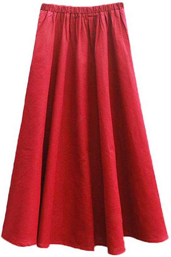 Soojun Women's Solid Cotton Linen Retro Vintage A-line Long Flowy Skirts
