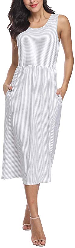 INWECH Women's Casual Elastic Waist Pleated Striped Dress Summer Sleeveless Midi Dress with Pockets