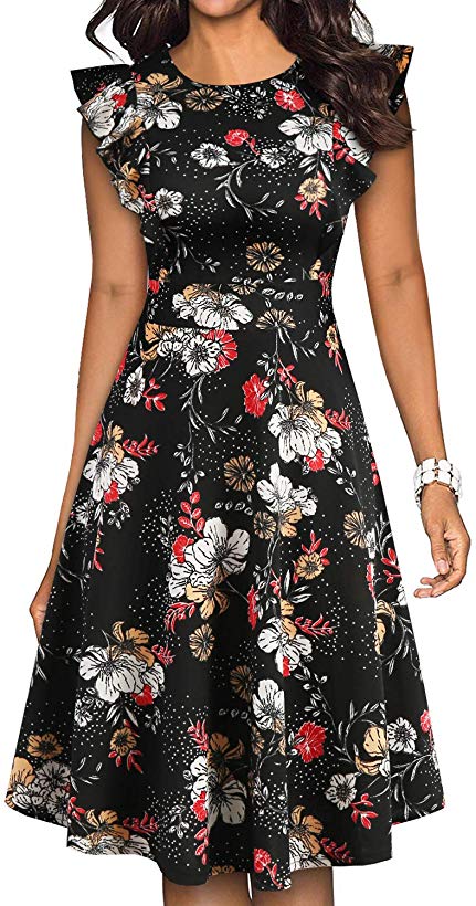 YATHON Women's Vintage Ruffle Floral Flared A Line Swing Casual Cocktail Party Dresses