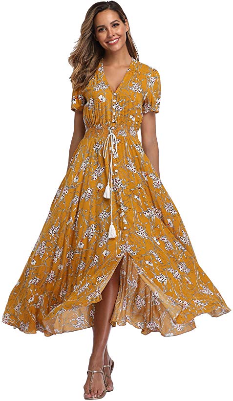 VintageClothing Women's Floral Maxi Dresses Boho Button Up Split Beach Party Dress