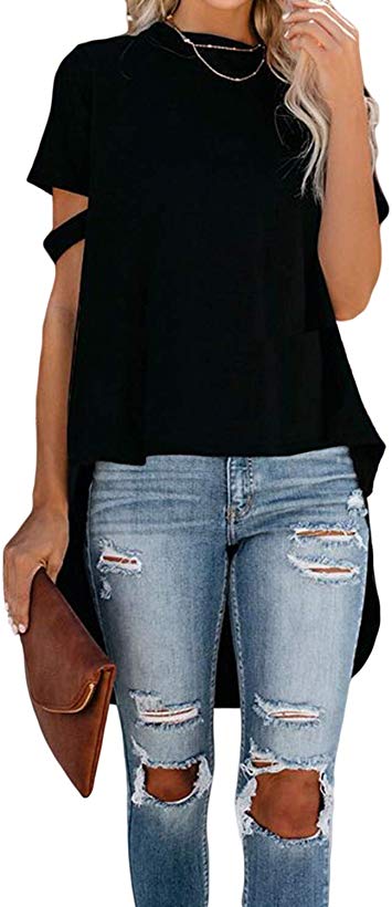 Asvivid Womens Solid V-Neck Bell Short Sleeve High Low Tunic Tops Chiffon T-Shirt Blouse S-2XL