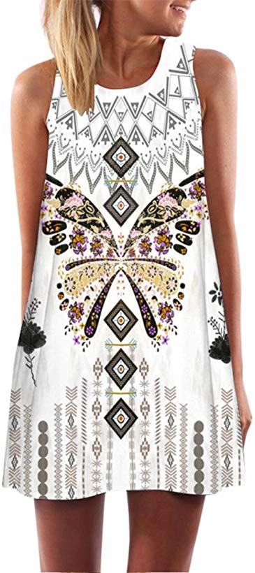 Clearance! Ruhiku GW Womens Dress Summer O-Neck Boho Sleeveless Floral Printed Beach Mini Dress Casual T-Shirt Short Dress