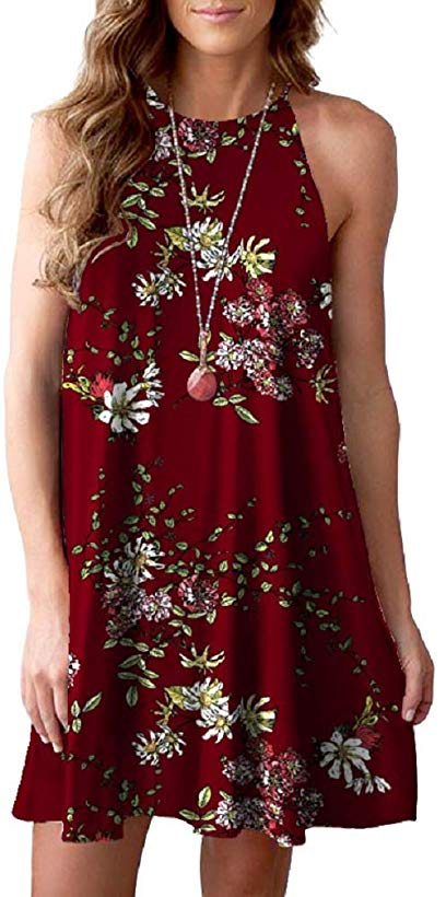 Feiersi Women Halter Neck Boho Print Sleeveless Casual Mini Beachwear Dress Sundress