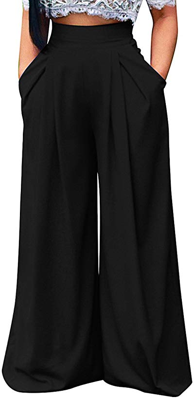 Tcremisa Women's Stretchy Solid Color High Waisted Wide Leg Long Palazzo Pants with Pockets